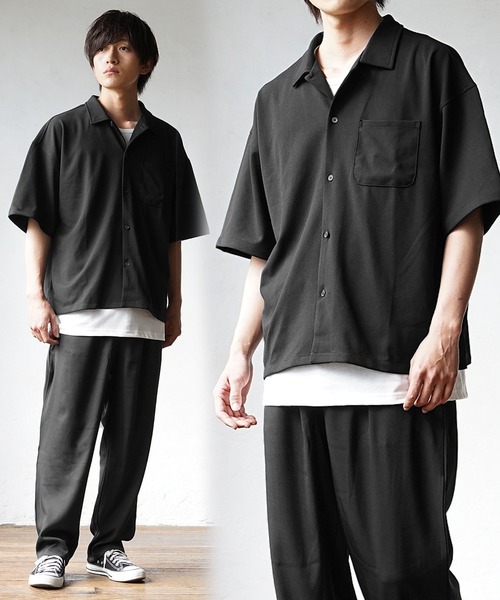MinoriTY(マイノリティ)の「【MinoriTY】3点セット梨地素材セットアップ コーデセット 半袖シャツ+タンクトップ+ワイドパンツ メンズ 夏服 秋服 無地 オーバーサイズ ルーズシルエット(セットアップ・メンズ・ブラック/カーキ/ブルー/ベージュ系その他/グリーン系その他/ブルー系その他/グレイッシュベージュ/グレー系その他/ブルー系その他2/ブラウン系その他/ライトブルー/グレー/ダークブラック/ライトブラウン・M/L/S)」の3枚目の写真