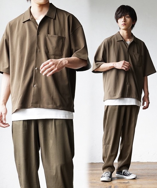 MinoriTY(マイノリティ)の「【MinoriTY】3点セット梨地素材セットアップ コーデセット 半袖シャツ+タンクトップ+ワイドパンツ メンズ 夏服 秋服 無地 オーバーサイズ ルーズシルエット(セットアップ・メンズ・ブラック/カーキ/ブルー/ベージュ系その他/グリーン系その他/ブルー系その他/グレイッシュベージュ/グレー系その他/ブルー系その他2/ブラウン系その他/ライトブルー/グレー/ダークブラック/ライトブラウン・M/L/S)」の6枚目の写真