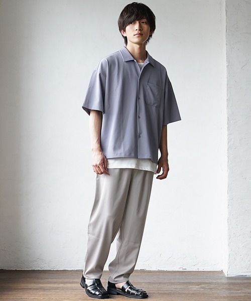 MinoriTY(マイノリティ)の「【MinoriTY】3点セット梨地素材セットアップ コーデセット 半袖シャツ+タンクトップ+ワイドパンツ メンズ 夏服 秋服 無地 オーバーサイズ ルーズシルエット(セットアップ・メンズ・ブラック/カーキ/ブルー/ベージュ系その他/グリーン系その他/ブルー系その他/グレイッシュベージュ/グレー系その他/ブルー系その他2/ブラウン系その他/ライトブルー/グレー/ダークブラック/ライトブラウン・M/L/S)」の19枚目の写真