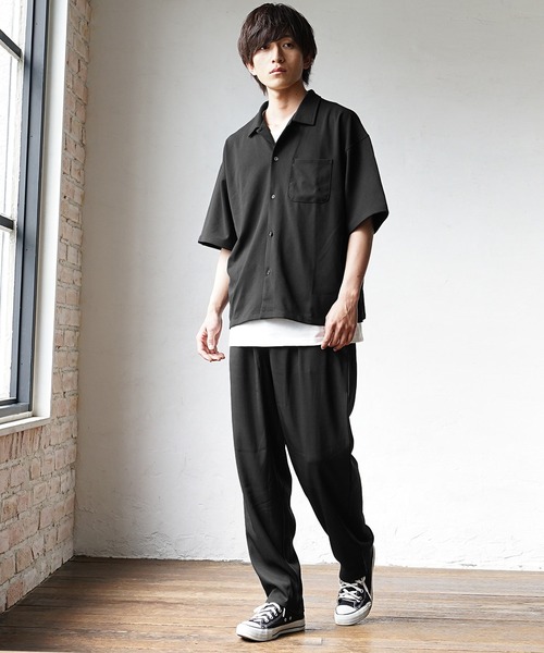 MinoriTY(マイノリティ)の「【MinoriTY】3点セット梨地素材セットアップ コーデセット 半袖シャツ+タンクトップ+ワイドパンツ メンズ 夏服 秋服 無地 オーバーサイズ ルーズシルエット(セットアップ・メンズ・ブラック/カーキ/ブルー/ベージュ系その他/グリーン系その他/ブルー系その他/グレイッシュベージュ/グレー系その他/ブルー系その他2/ブラウン系その他/ライトブルー/グレー/ダークブラック/ライトブラウン・M/L/S)」の16枚目の写真