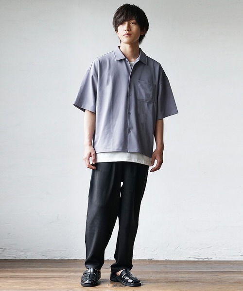 MinoriTY(マイノリティ)の「【MinoriTY】3点セット梨地素材セットアップ コーデセット 半袖シャツ+タンクトップ+ワイドパンツ メンズ 夏服 秋服 無地 オーバーサイズ ルーズシルエット(セットアップ・メンズ・ブラック/カーキ/ブルー/ベージュ系その他/グリーン系その他/ブルー系その他/グレイッシュベージュ/グレー系その他/ブルー系その他2/ブラウン系その他/ライトブルー/グレー/ダークブラック/ライトブラウン・M/L/S)」の22枚目の写真