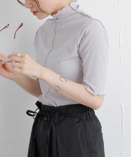 PUAL CE CIN(ピュアルセシン)の「【WEB限定】シアーネット半袖ハイネックプルオーバー(Tシャツ/カットソー・レディース・ライトグレー/ブラック/オフホワイト・FREE)」の3枚目の写真