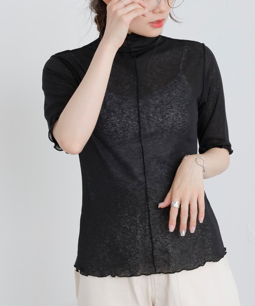 PUAL CE CIN(ピュアルセシン)の「【WEB限定】シアーネット半袖ハイネックプルオーバー(Tシャツ/カットソー・レディース・ライトグレー/ブラック/オフホワイト・FREE)」の1枚目の写真