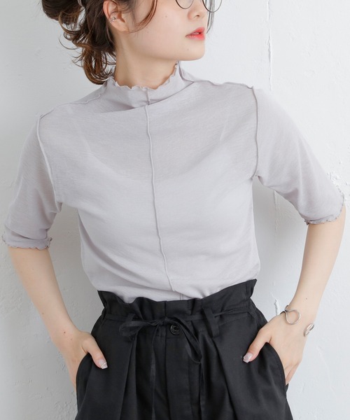 PUAL CE CIN(ピュアルセシン)の「【WEB限定】シアーネット半袖ハイネックプルオーバー(Tシャツ/カットソー・レディース・ライトグレー/ブラック/オフホワイト・FREE)」の8枚目の写真
