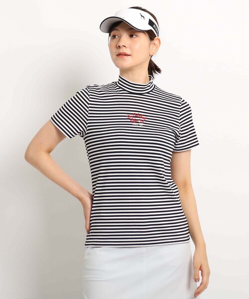adabat(アダバット)の「ボーダー モックネック半袖シャツ 吸水速乾/UVカット(Tシャツ/カットソー)」|ブラック系