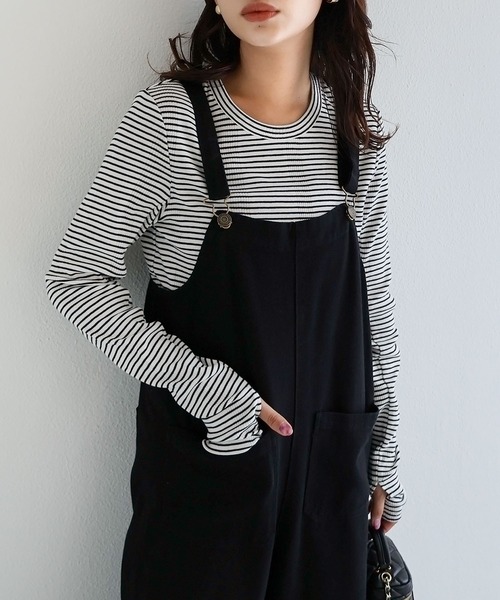 andme(アンドミー)の「ボーダーフライスクルーネック指穴長袖トップス(Tシャツ/カットソー・レディース・ホワイト×ブラック/ホワイト×グレー/ホワイト×グリーン/ベージュ系その他/オレンジ系その他/ブラウン系その他/キナリ/ベージュ系その他2/ブルー系その他・M)」の3枚目の写真