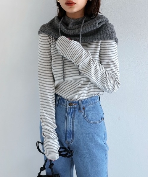 andme(アンドミー)の「ボーダーフライスクルーネック指穴長袖トップス(Tシャツ/カットソー・レディース・ホワイト×ブラック/ホワイト×グレー/ホワイト×グリーン/ベージュ系その他/オレンジ系その他/ブラウン系その他/キナリ/ベージュ系その他2/ブルー系その他・M)」の4枚目の写真