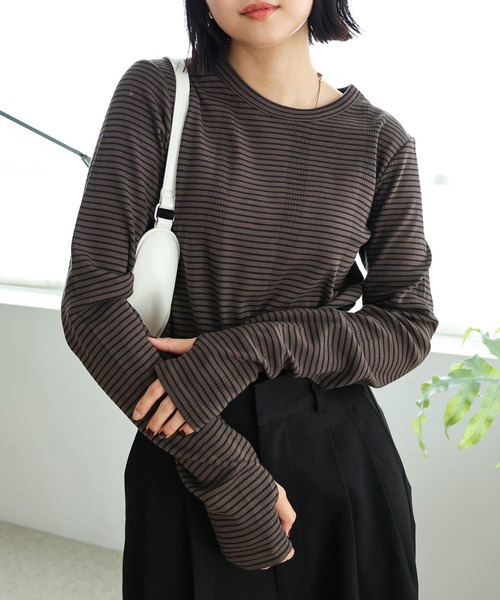 andme(アンドミー)の「ボーダーフライスクルーネック指穴長袖トップス(Tシャツ/カットソー・レディース・ホワイト×ブラック/ホワイト×グレー/ホワイト×グリーン/ベージュ系その他/オレンジ系その他/ブラウン系その他/キナリ/ベージュ系その他2/ブルー系その他・M)」の6枚目の写真