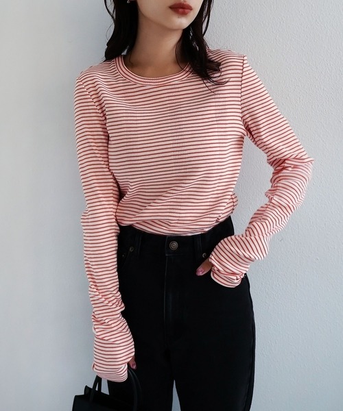 andme(アンドミー)の「ボーダーフライスクルーネック指穴長袖トップス(Tシャツ/カットソー・レディース・ホワイト×ブラック/ホワイト×グレー/ホワイト×グリーン/ベージュ系その他/オレンジ系その他/ブラウン系その他/キナリ/ベージュ系その他2/ブルー系その他・M)」の19枚目の写真