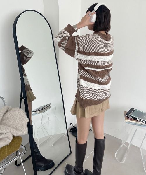 Ambre Ciel(アンブルシエル)の「マルチボーダーニット/【WEB/EC限定商品】(ニット/セーター・レディース・ベージュ/ブラック・FREE)」の1枚目の写真
