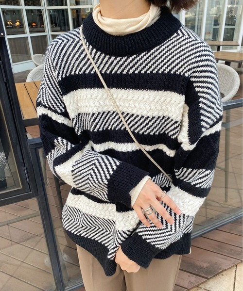 Ambre Ciel(アンブルシエル)の「マルチボーダーニット/【WEB/EC限定商品】(ニット/セーター・レディース・ベージュ/ブラック・FREE)」の3枚目の写真