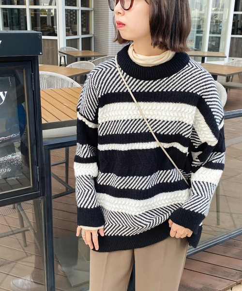 Ambre Ciel(アンブルシエル)の「マルチボーダーニット/【WEB/EC限定商品】(ニット/セーター・レディース・ベージュ/ブラック・FREE)」の7枚目の写真