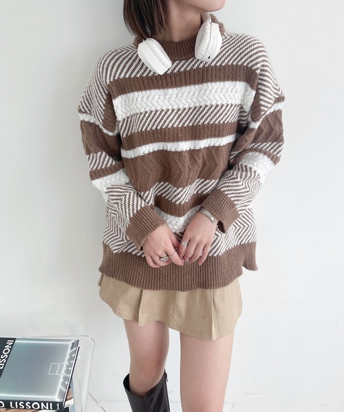 Ambre Ciel(アンブルシエル)の「マルチボーダーニット/【WEB/EC限定商品】(ニット/セーター・レディース・ベージュ/ブラック・FREE)」の9枚目の写真