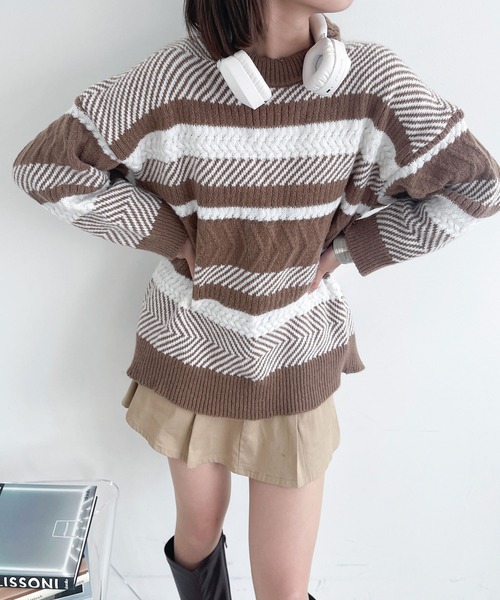 Ambre Ciel(アンブルシエル)の「マルチボーダーニット/【WEB/EC限定商品】(ニット/セーター・レディース・ベージュ/ブラック・FREE)」の10枚目の写真
