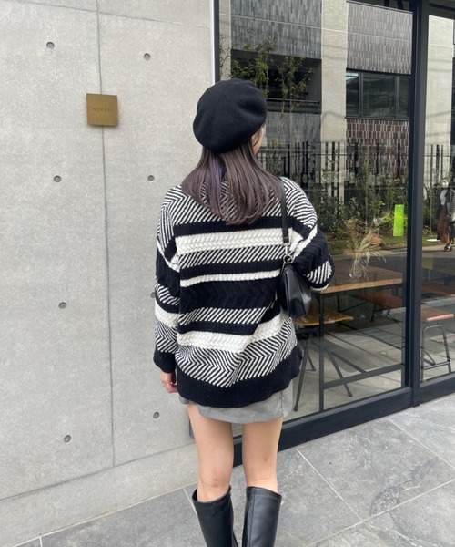 Ambre Ciel(アンブルシエル)の「マルチボーダーニット/【WEB/EC限定商品】(ニット/セーター・レディース・ベージュ/ブラック・FREE)」の14枚目の写真
