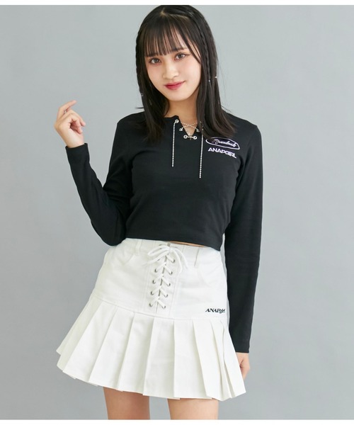 ANAP GiRL(アナップガール)の「ボールチェーンスピンドルミニトップスカットソー(Tシャツ/カットソー・キッズ・ラベンダー/ブラック・S/M/XS)」の1枚目の写真