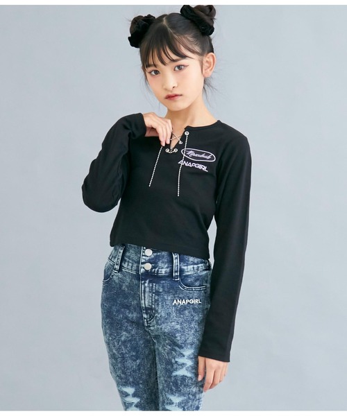 ANAP GiRL(アナップガール)の「ボールチェーンスピンドルミニトップスカットソー(Tシャツ/カットソー・キッズ・ラベンダー/ブラック・S/M/XS)」の11枚目の写真