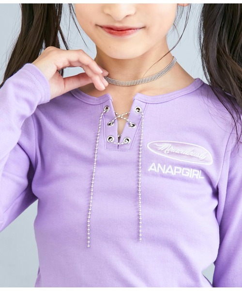 ANAP GiRL(アナップガール)の「ボールチェーンスピンドルミニトップスカットソー(Tシャツ/カットソー・キッズ・ラベンダー/ブラック・S/M/XS)」の7枚目の写真