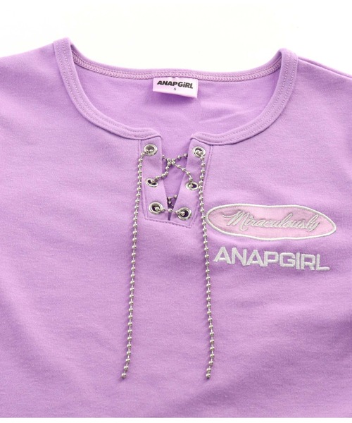 ANAP GiRL(アナップガール)の「ボールチェーンスピンドルミニトップスカットソー(Tシャツ/カットソー・キッズ・ラベンダー/ブラック・S/M/XS)」の4枚目の写真