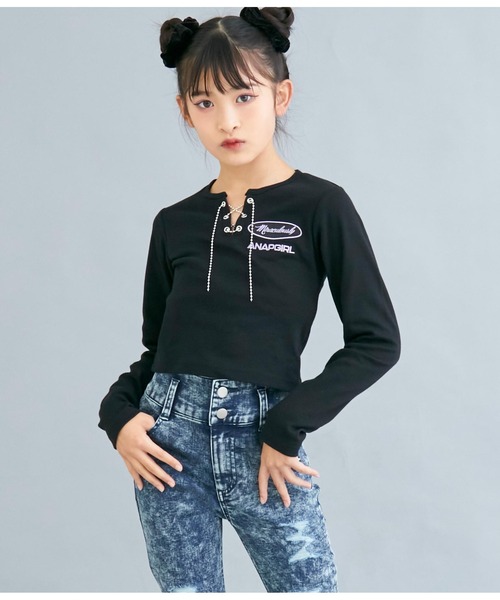ANAP GiRL(アナップガール)の「ボールチェーンスピンドルミニトップスカットソー(Tシャツ/カットソー・キッズ・ラベンダー/ブラック・S/M/XS)」の16枚目の写真