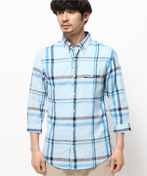 OUTLET（アウトレット）の「【CIAOPANIC TYPY】綿麻チェック7分袖BDシャツ（シャツ/ブラウス・メンズ・サックスブルー・SMALL/MEDIUM）」の2枚目の写真