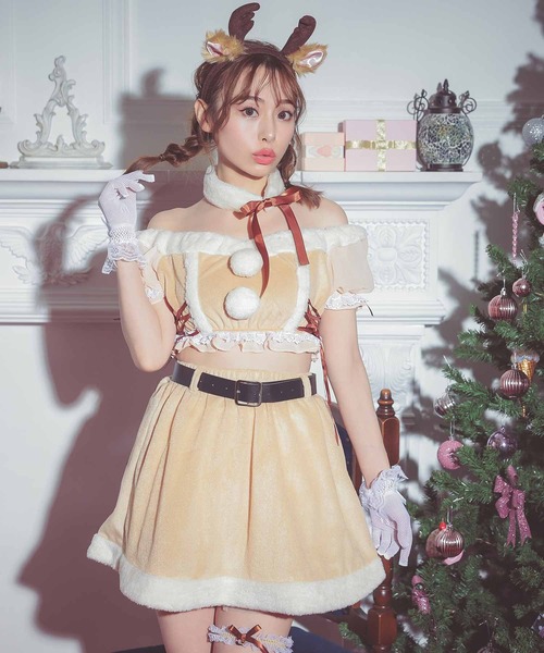 トナカイ コスプレ サンタ アニマル 半袖 オフショルダー ベルト付き