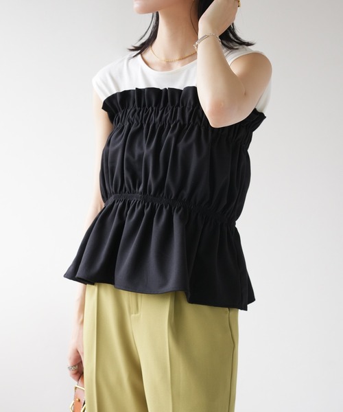 IAMUSE（アイアミューズ）の「リネンタッチ　ギャザーベアトップ S0999【IAMUSE】（その他トップス・レディース・ブラック/ベージュ・FREE）」の8枚目の写真