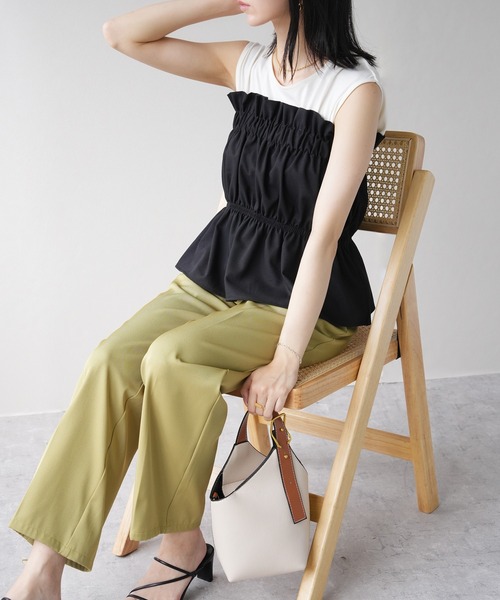 IAMUSE（アイアミューズ）の「リネンタッチ　ギャザーベアトップ S0999【IAMUSE】（その他トップス・レディース・ブラック/ベージュ・FREE）」の9枚目の写真