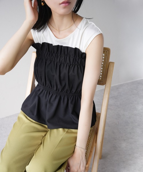 IAMUSE（アイアミューズ）の「リネンタッチ　ギャザーベアトップ S0999【IAMUSE】（その他トップス・レディース・ブラック/ベージュ・FREE）」の3枚目の写真