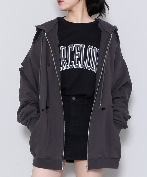 Figments（フィグメンツ）の「デストロイビッグZIPパーカー（パーカー・レディース・ブラック/スミクロ/杢グレー・LARGE/X-LARGE）」の2枚目の写真