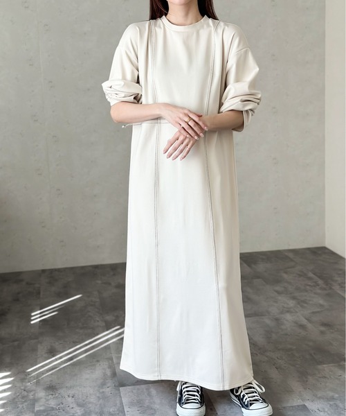 Per sist ence(パーシエンス)の「ポンチ配色ステッチウエストゴムドロストワンピース(ワンピース・レディース・アイボリー/ブルー/チャコールグレー/ブラック・FREE)」の1枚目の写真