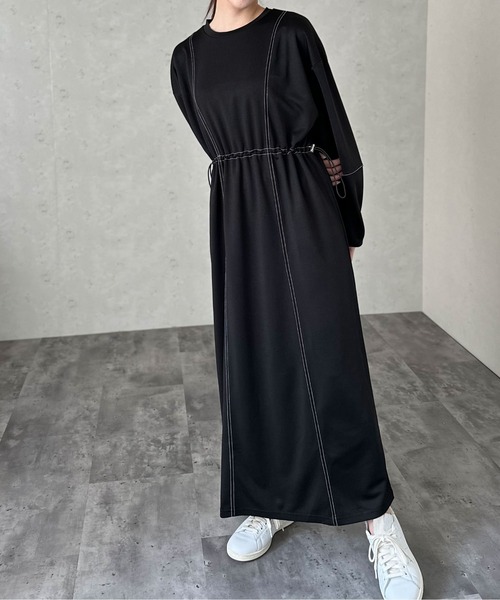Per sist ence(パーシエンス)の「ポンチ配色ステッチウエストゴムドロストワンピース(ワンピース・レディース・アイボリー/ブルー/チャコールグレー/ブラック・FREE)」の2枚目の写真