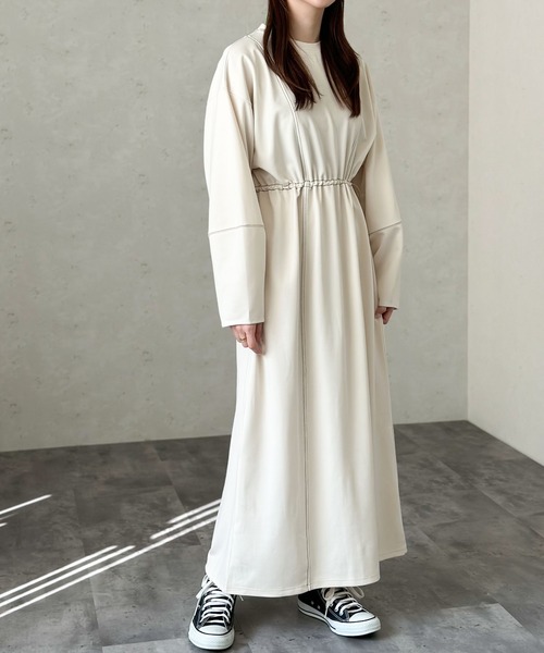Per sist ence(パーシエンス)の「ポンチ配色ステッチウエストゴムドロストワンピース(ワンピース・レディース・アイボリー/ブルー/チャコールグレー/ブラック・FREE)」の10枚目の写真