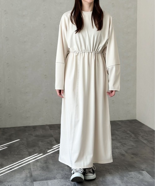 Per sist ence(パーシエンス)の「ポンチ配色ステッチウエストゴムドロストワンピース(ワンピース・レディース・アイボリー/ブルー/チャコールグレー/ブラック・FREE)」の11枚目の写真