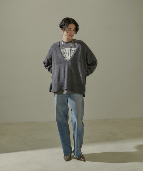 セットアップ対応】フォックス混ラメ深Vネックニット（ニット/セーター