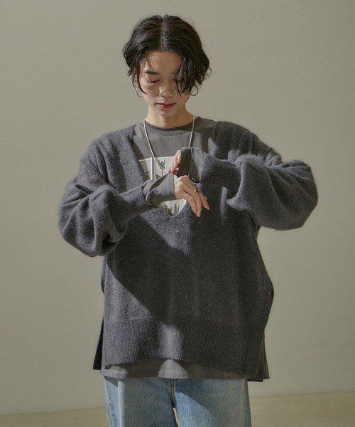 セットアップ対応】フォックス混ラメ深Vネックニット（ニット