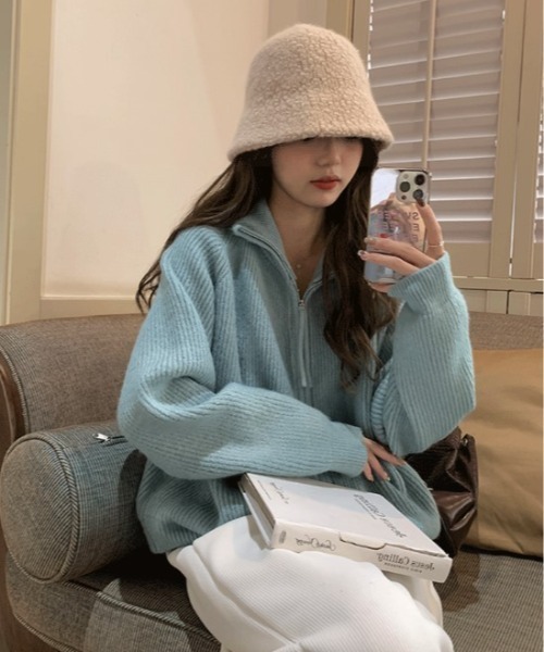 sorule（ソルレ）の「ダブルジップ衿付きニット（ニット/セーター・レディース・ピンク/ベージュ/グレー/アイボリー/ブルー・FREE）」の9枚目の写真