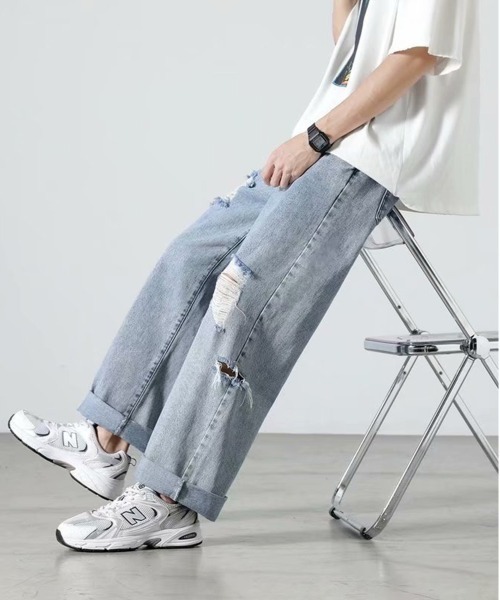 NEW GENTLEMAN(ニュージェントルマン)の「ダメージ ケミカル タック セミワイド デニムパンツ(デニムパンツ・メンズ・サックスブルー・S/M/L)」の16枚目の写真