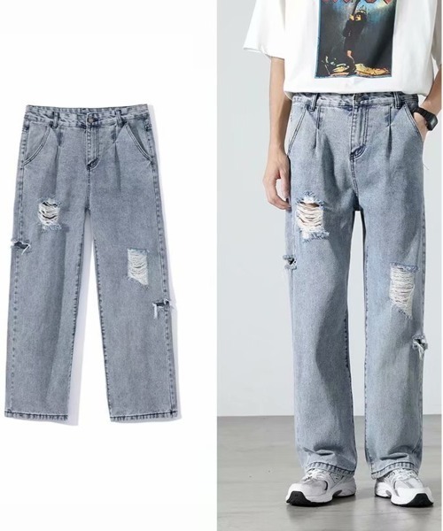 NEW GENTLEMAN(ニュージェントルマン)の「ダメージ ケミカル タック セミワイド デニムパンツ(デニムパンツ・メンズ・サックスブルー・S/M/L)」の13枚目の写真