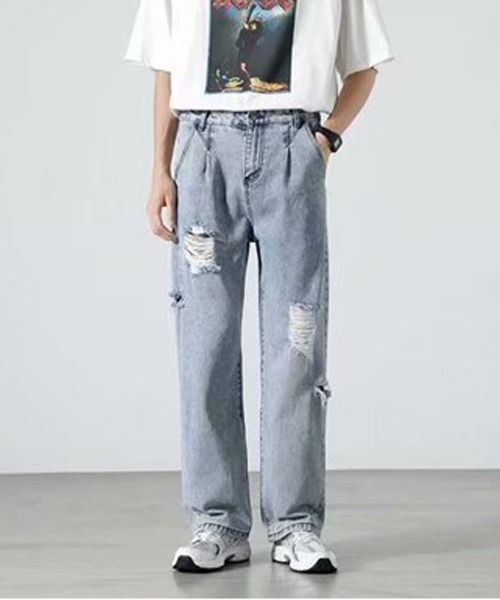 NEW GENTLEMAN(ニュージェントルマン)の「ダメージ ケミカル タック セミワイド デニムパンツ(デニムパンツ・メンズ・サックスブルー・S/M/L)」の2枚目の写真