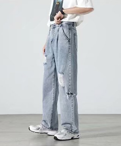NEW GENTLEMAN(ニュージェントルマン)の「ダメージ ケミカル タック セミワイド デニムパンツ(デニムパンツ・メンズ・サックスブルー・S/M/L)」の14枚目の写真