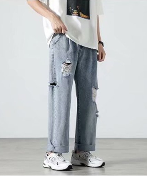 NEW GENTLEMAN(ニュージェントルマン)の「ダメージ ケミカル タック セミワイド デニムパンツ(デニムパンツ・メンズ・サックスブルー・S/M/L)」の3枚目の写真