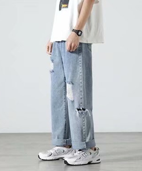 NEW GENTLEMAN(ニュージェントルマン)の「ダメージ ケミカル タック セミワイド デニムパンツ(デニムパンツ・メンズ・サックスブルー・S/M/L)」の7枚目の写真
