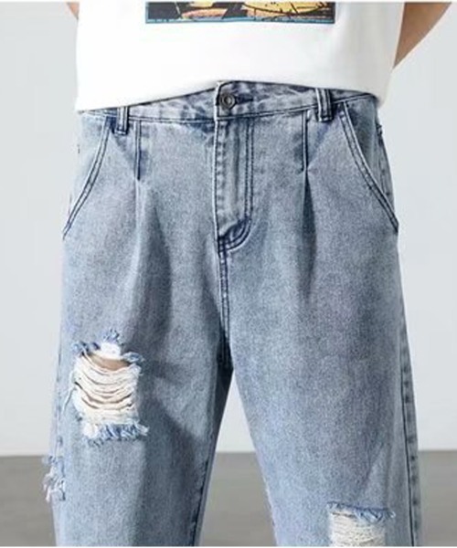 NEW GENTLEMAN(ニュージェントルマン)の「ダメージ ケミカル タック セミワイド デニムパンツ(デニムパンツ・メンズ・サックスブルー・S/M/L)」の11枚目の写真