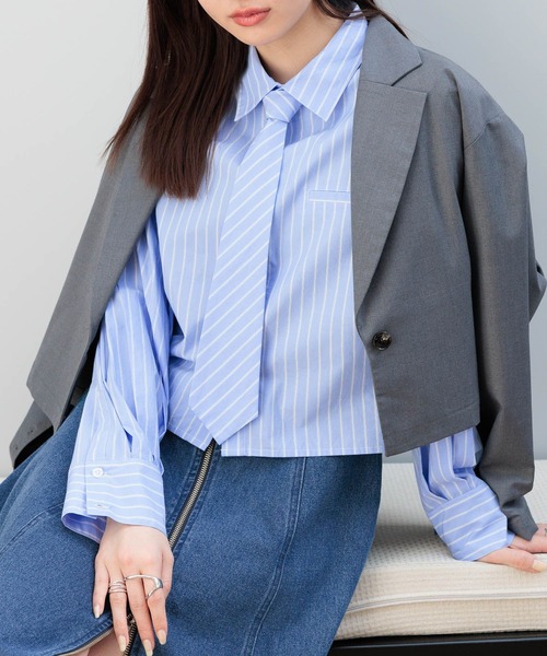 RAGEBLUE(レイジブルー)の「2WAY/袖タック/クロップドネクタイシャツ(シャツ/ブラウス・レディース・ピンク/ブルー/ホワイト・FREE)」の3枚目の写真