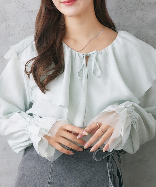 RETRO GIRL(レトロガール)の「袖チュールフリル襟ブラウス(シャツ/ブラウス・レディース・ブラック/オフホワイト/グリーン・FREE)」の3枚目の写真