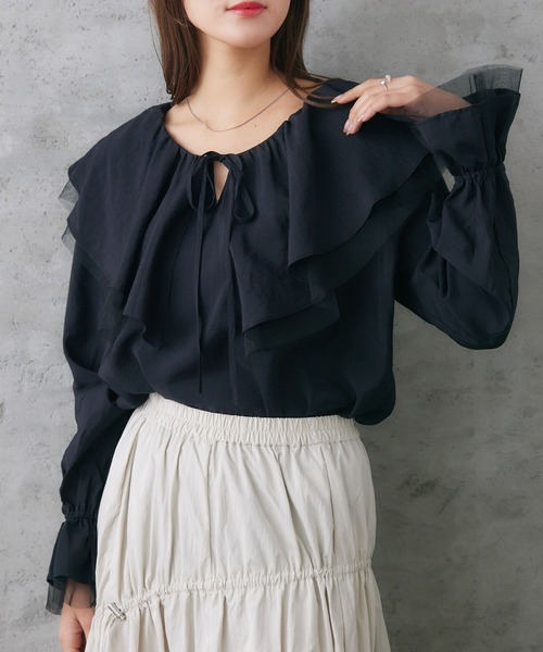 RETRO GIRL(レトロガール)の「袖チュールフリル襟ブラウス(シャツ/ブラウス・レディース・ブラック/オフホワイト/グリーン・FREE)」の1枚目の写真