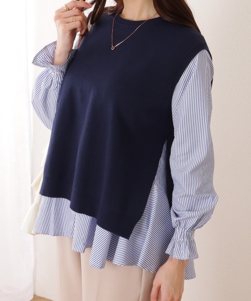 セール】ニット ベスト ×ペプラム ブラウス レイヤード セットアップ