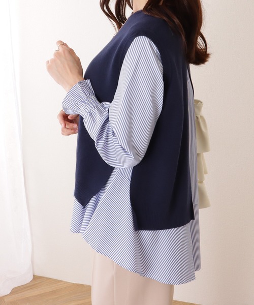 セール】ニット ベスト ×ペプラム ブラウス レイヤード セットアップ