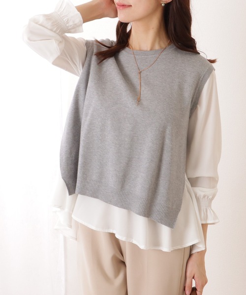 セール】ニット ベスト ×ペプラム ブラウス レイヤード セットアップ